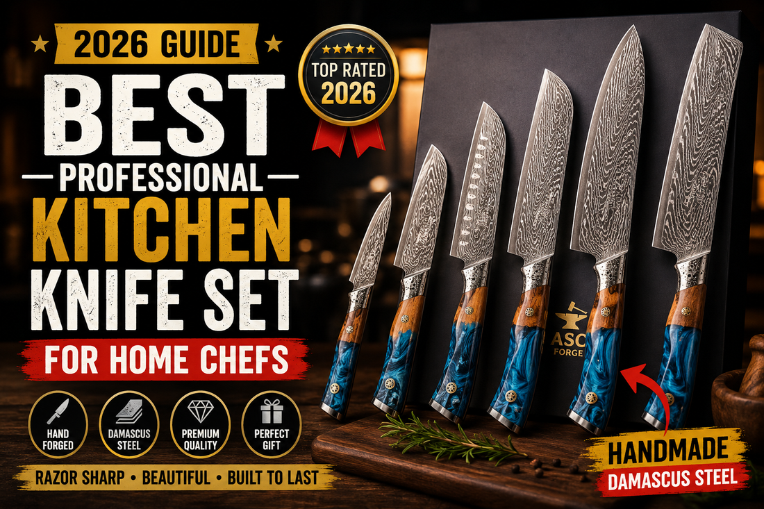 Hand forged Damascus steel kitchen knife set with blue resin and olive wood handles for professional home chefs and cooking enthusiasts