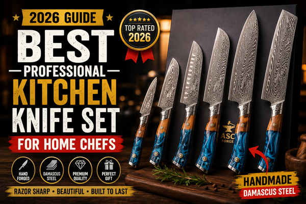 Hand forged Damascus steel kitchen knife set with blue resin and olive wood handles for professional home chefs and cooking enthusiasts