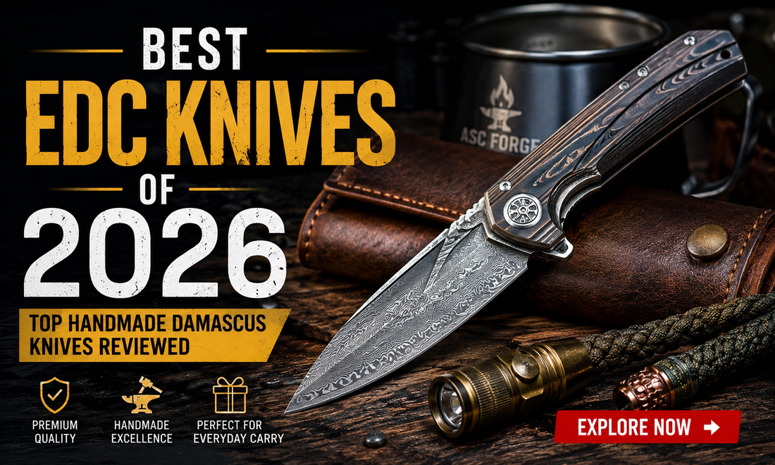 High-end Damascus steel everyday carry knife displayed with leather accessories and professional branding for 2026.