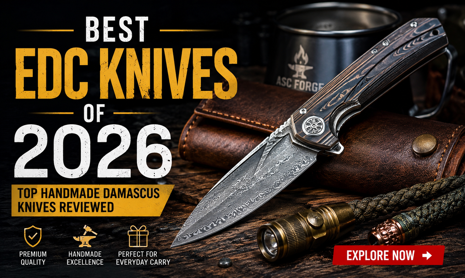 High-end Damascus steel everyday carry knife displayed with leather accessories and professional branding for 2026.