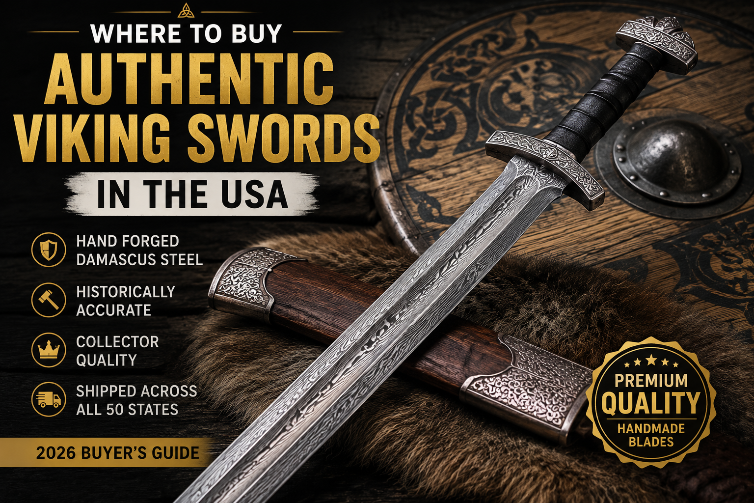 Authentic hand forged Damascus steel Viking sword with wooden scabbard featured in the 2026 USA buyer's guide for collectors and Norse enthusiasts