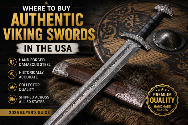 Authentic hand forged Damascus steel Viking sword with wooden scabbard featured in the 2026 USA buyer's guide for collectors and Norse enthusiasts
