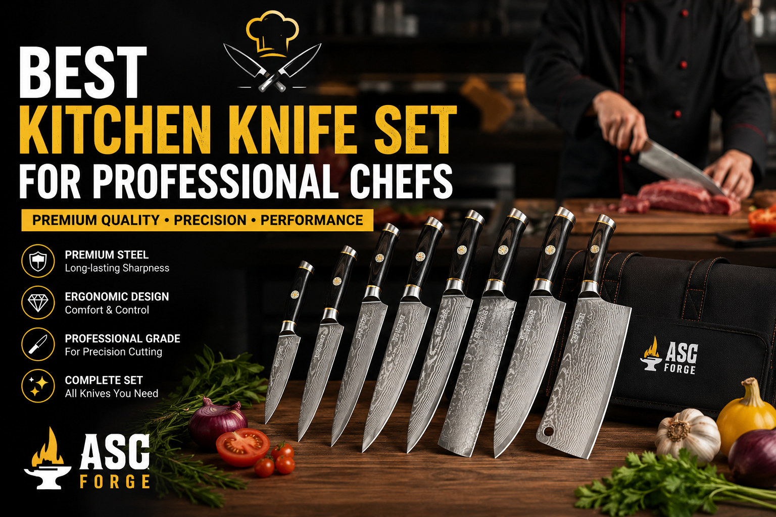 Professional kitchen knife set with premium chef knives for professional chefs and home cooks displayed on a wooden countertop in a modern kitchen by ASC Forge.