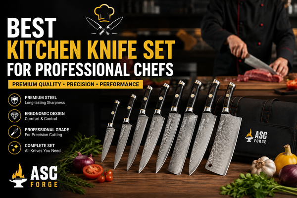 Professional kitchen knife set with premium chef knives for professional chefs and home cooks displayed on a wooden countertop in a modern kitchen by ASC Forge.