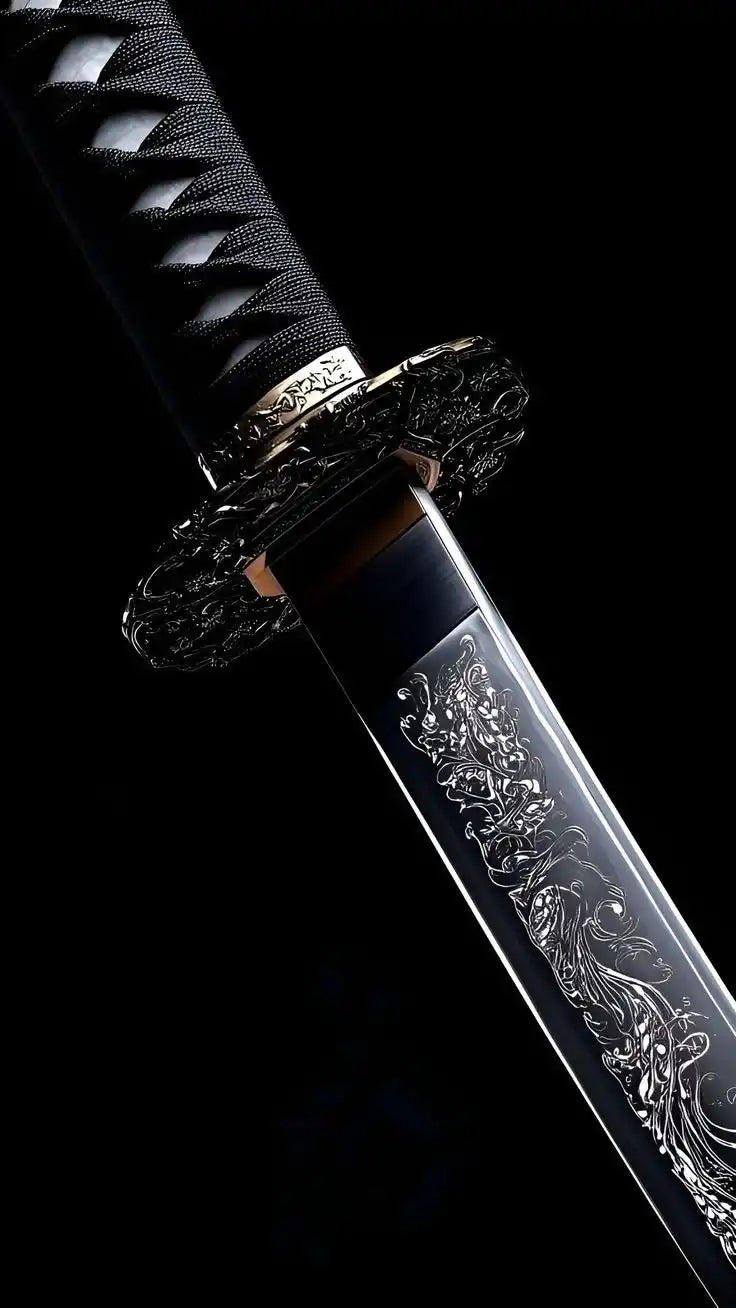 Close-up vertical shot of a premium Japanese katana sword featuring a black blade with an intricate silver dragon engraving, a highly detailed carved metallic tsuba handguard, and a traditional black wrapped hilt against a dark background.