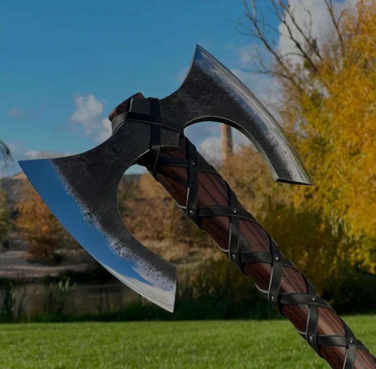 A premium hand-forged Viking battle axe featuring a double-bit design, wrapped hardwood handle, and leather detailing.