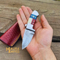 Handmade Damascus Skinner Knife | American Flag Handle | Fixed Blade EDC Hunting Knife with Leather Sheath