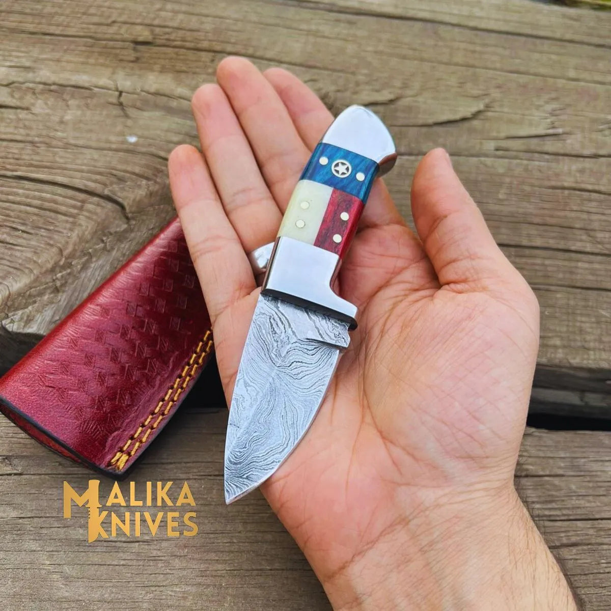 Handmade Damascus Skinner Knife | American Flag Handle | Fixed Blade EDC Hunting Knife with Leather Sheath