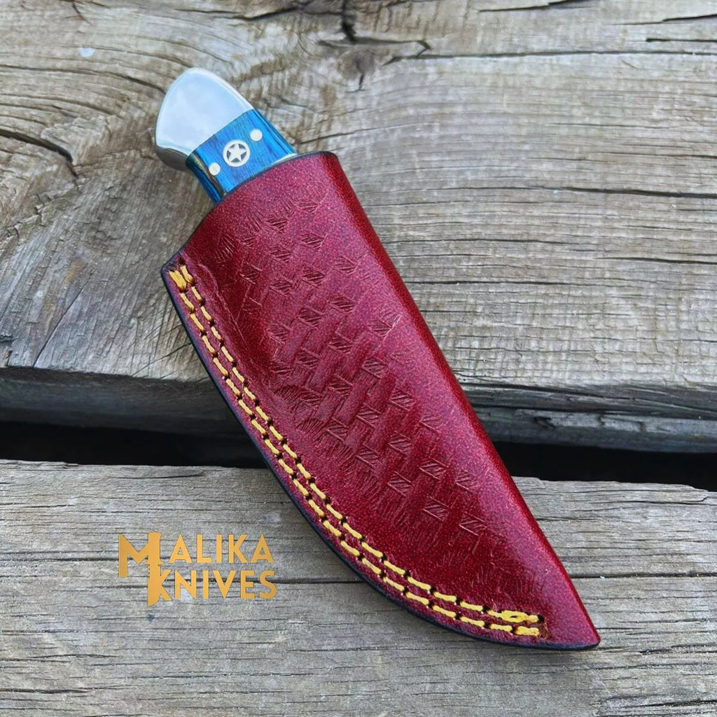 Handmade Damascus Skinner Knife | American Flag Handle | Fixed Blade EDC Hunting Knife with Leather Sheath