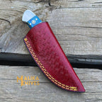Handmade Damascus Skinner Knife | American Flag Handle | Fixed Blade EDC Hunting Knife with Leather Sheath