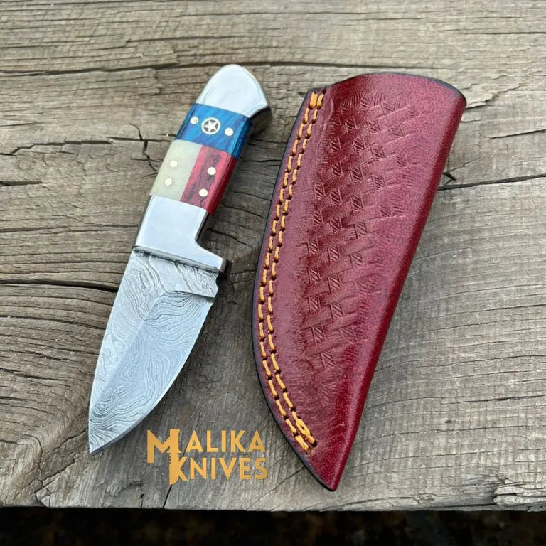 Handmade Damascus Skinner Knife | American Flag Handle | Fixed Blade EDC Hunting Knife with Leather Sheath