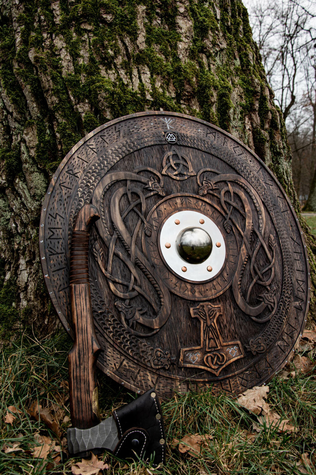 Handmade Viking Shield with Norse Runic Engravings – Wooden Battle Shield Wall Decor 27.5 Inch