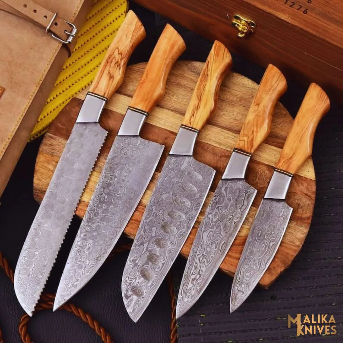 Handmade Damascus Steel Chef Knife Set of 5 – Olive Wood Handle Kitchen Knives with Bolster