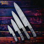Handmade Damascus Steel Chef Knife Set of 4 – Pattern Welded Kitchen Knives with Walnut Handle & Brass Pins