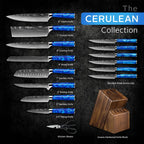 15-piece Damascus steel kitchen knife set breakdown chart from The Cerulean Collection, showcasing chef, cleaver, carving, bread, santoku, boning, paring, steak knives, shears, and acacia wood block.