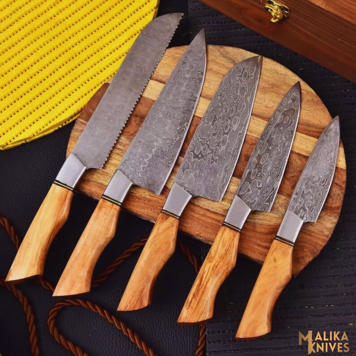 Handmade Damascus Steel Chef Knife Set of 5 – Olive Wood Handle Kitchen Knives with Bolster