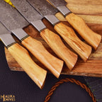 Handmade Damascus Steel Chef Knife Set of 5 – Olive Wood Handle Kitchen Knives with Bolster