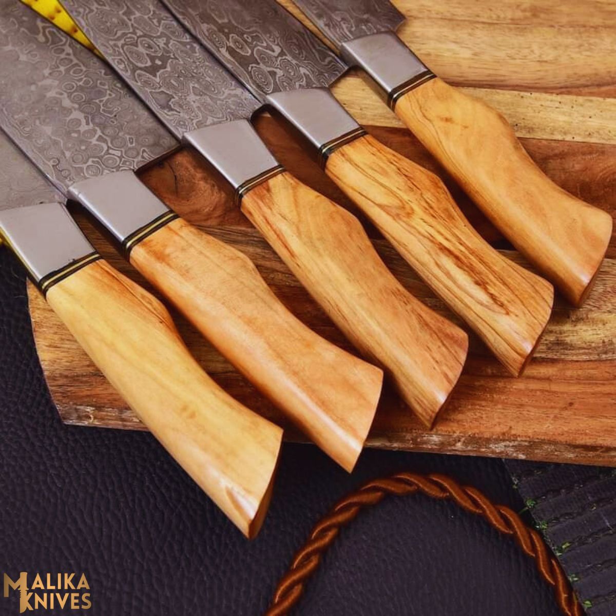 Handmade Damascus Steel Chef Knife Set of 5 – Olive Wood Handle Kitchen Knives with Bolster