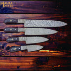 Handmade Damascus Steel Chef Knife Set of 4 – Pattern Welded Kitchen Knives with Walnut Handle & Brass Pins
