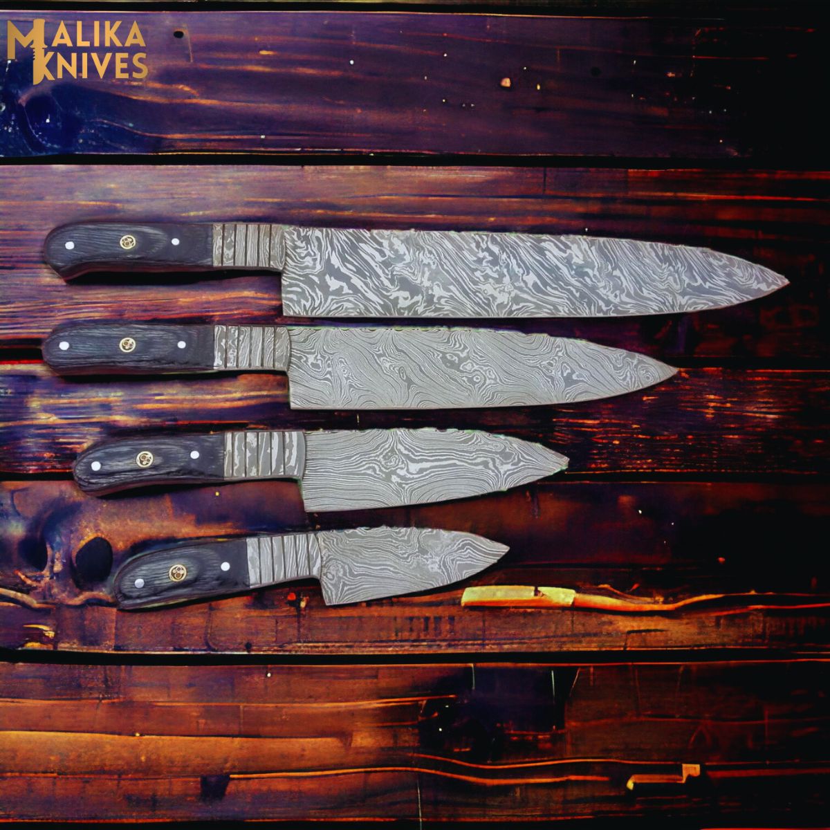 Handmade Damascus Steel Chef Knife Set of 4 – Pattern Welded Kitchen Knives with Walnut Handle & Brass Pins