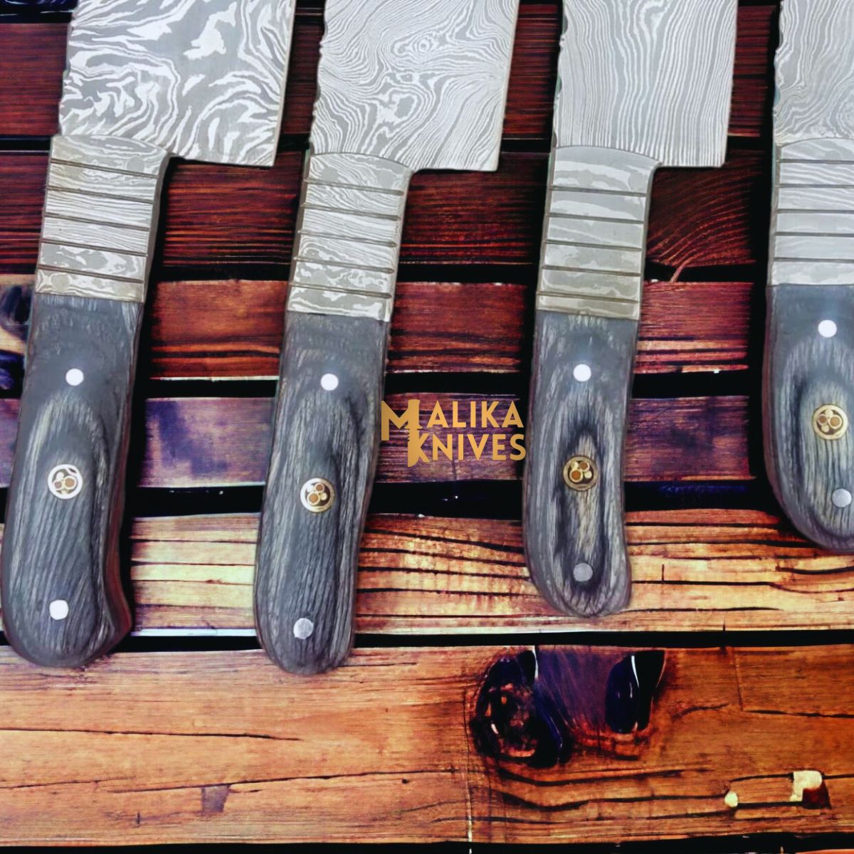 Handmade Damascus Steel Chef Knife Set of 4 – Pattern Welded Kitchen Knives with Walnut Handle & Brass Pins