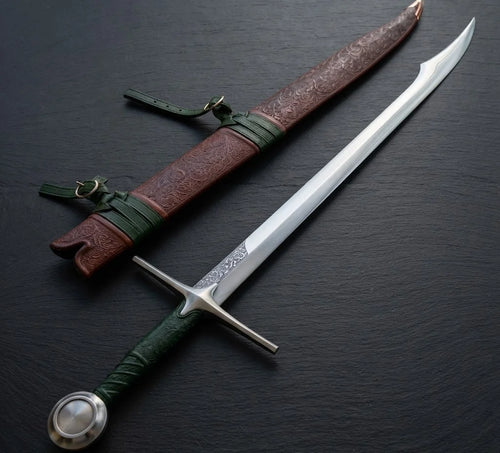 Close-up of the falchion sword's high carbon steel blade