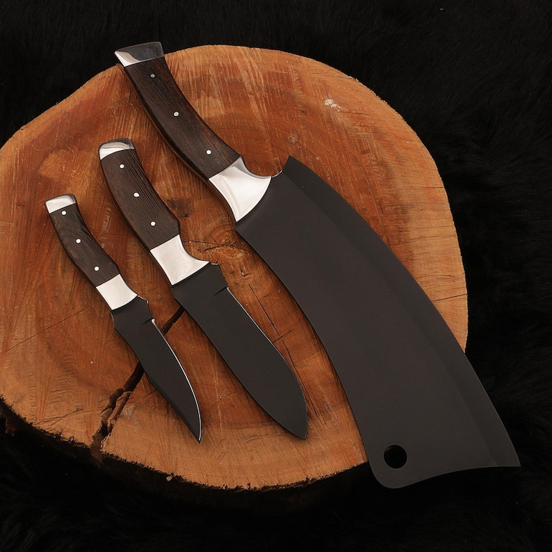 3-piece handcrafted 440C survival knife set for camping, hunting, and bushcraft