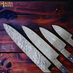 Handmade Damascus Steel Chef Knife Set of 4 – Pattern Welded Kitchen Knives with Walnut Handle & Brass Pins