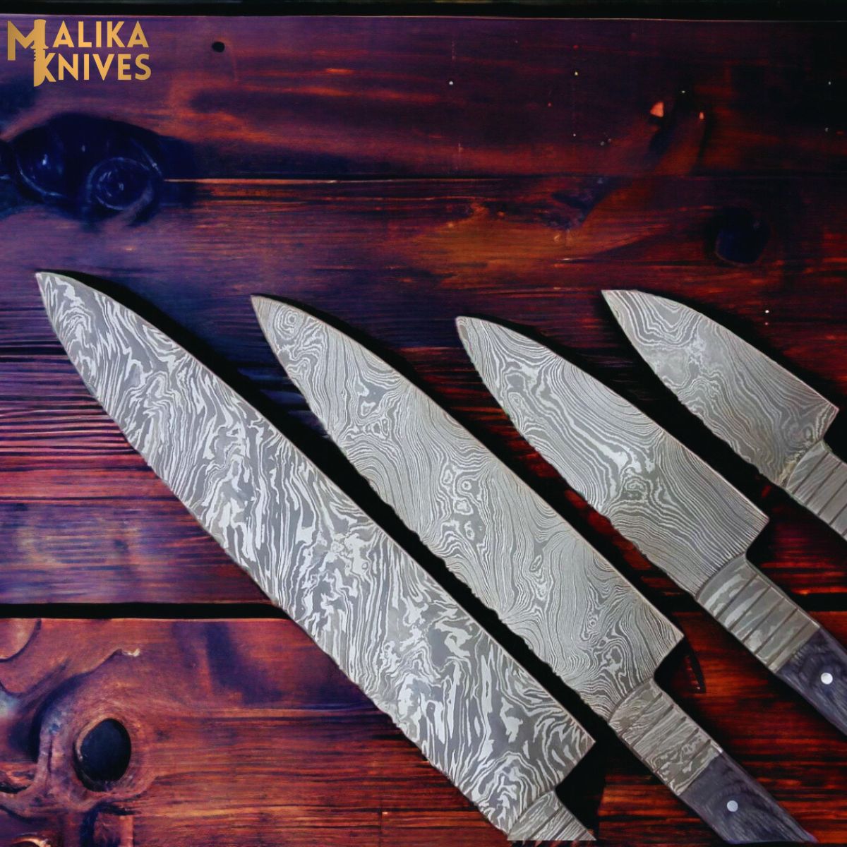 Handmade Damascus Steel Chef Knife Set of 4 – Pattern Welded Kitchen Knives with Walnut Handle & Brass Pins