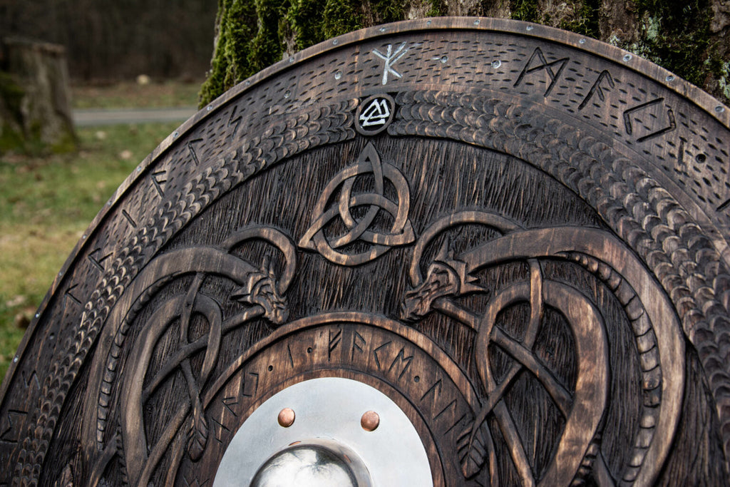 Handmade Viking Shield with Norse Runic Engravings – Wooden Battle Shield Wall Decor 27.5 Inch