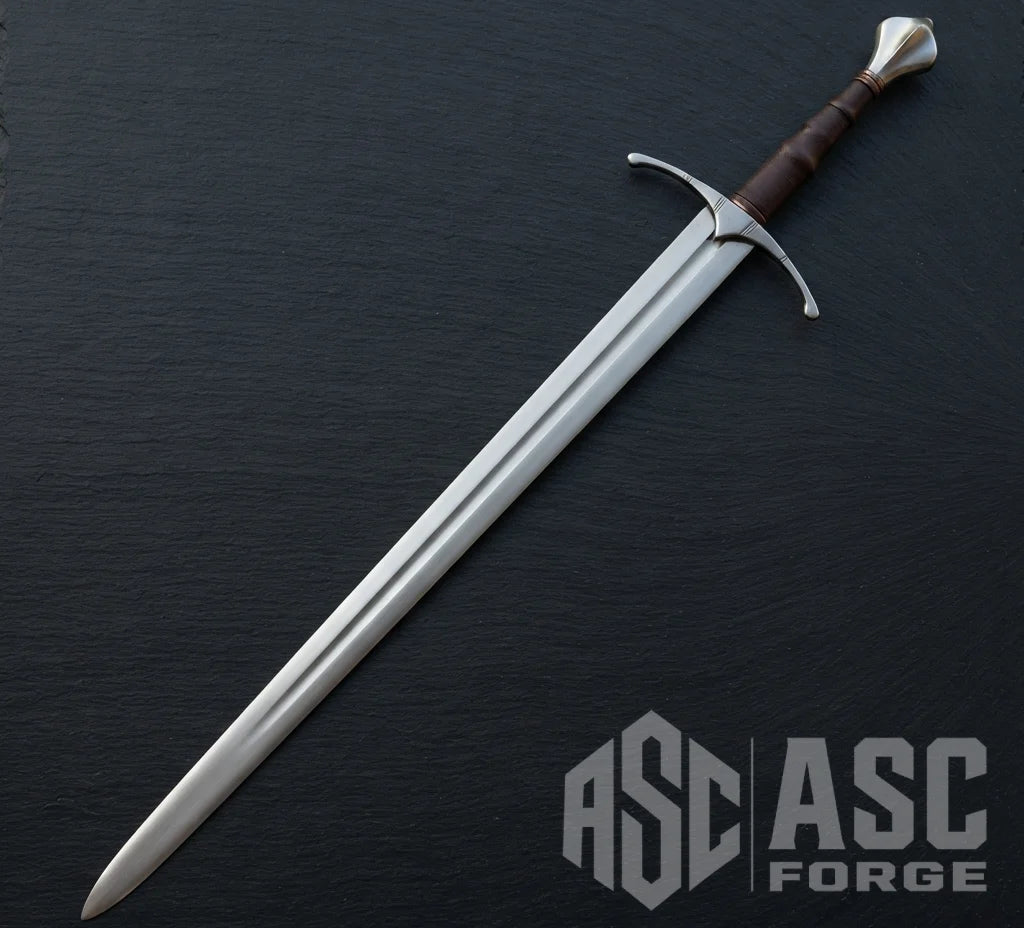 Close-up of the arming sword's 6150 carbon steel blade