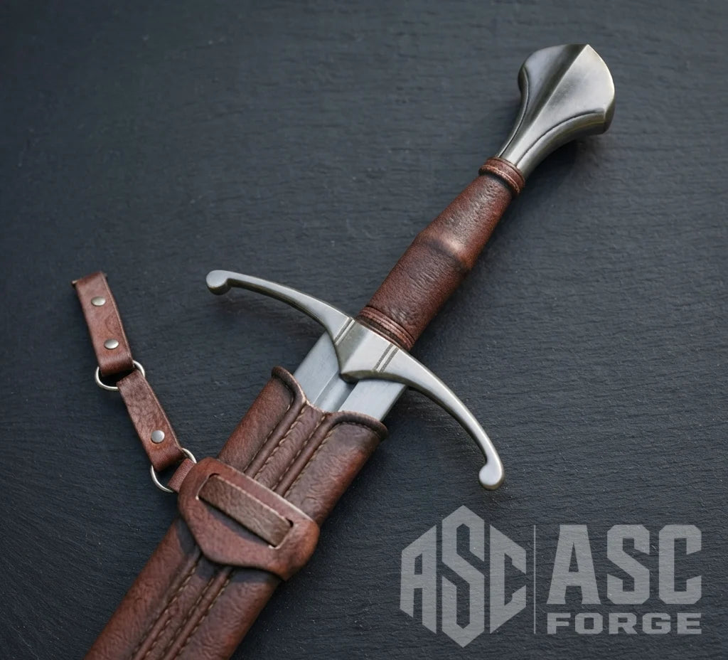 Handmade 6150 carbon steel arming sword, full view with leather scabbard