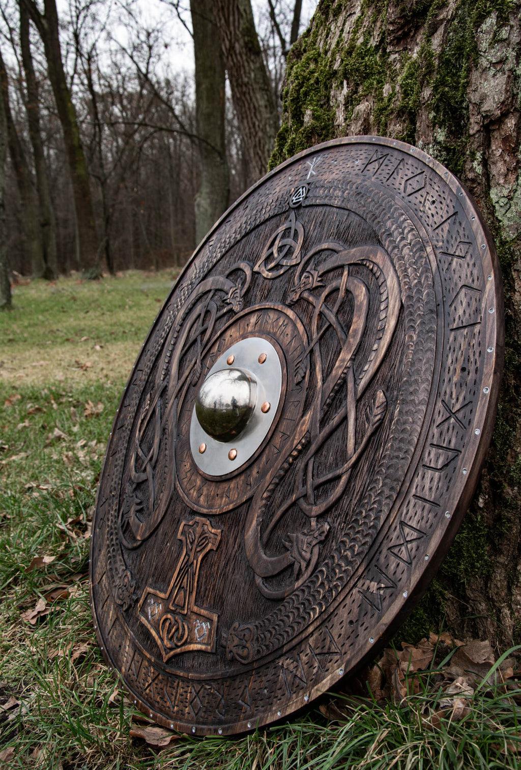 Handmade Viking Shield with Norse Runic Engravings – Wooden Battle Shield Wall Decor 27.5 Inch