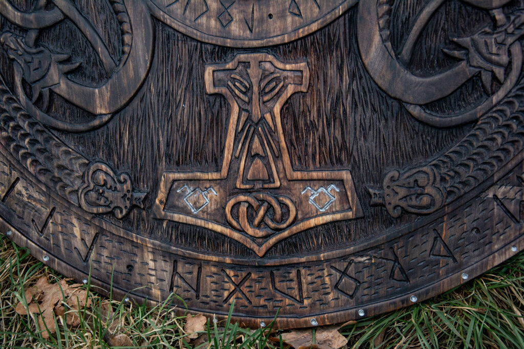 Handmade Viking Shield with Norse Runic Engravings – Wooden Battle Shield Wall Decor 27.5 Inch
