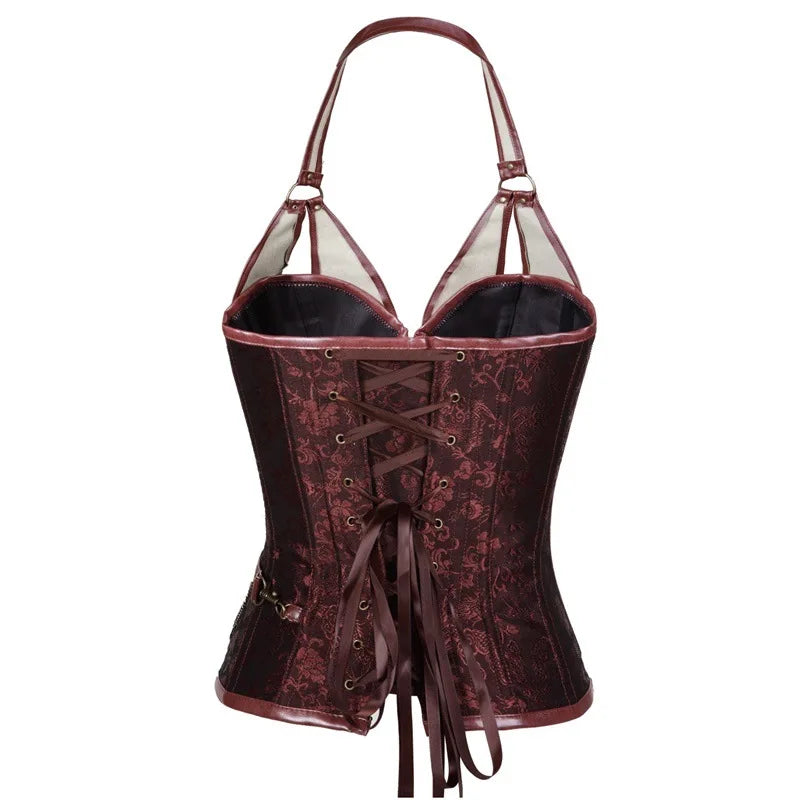 The back view of a dark red steampunk-style halter corset, featuring a traditional ribbon lace-up closure for an adjustable, custom fit.