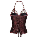 The back view of a dark red steampunk-style halter corset, featuring a traditional ribbon lace-up closure for an adjustable, custom fit.