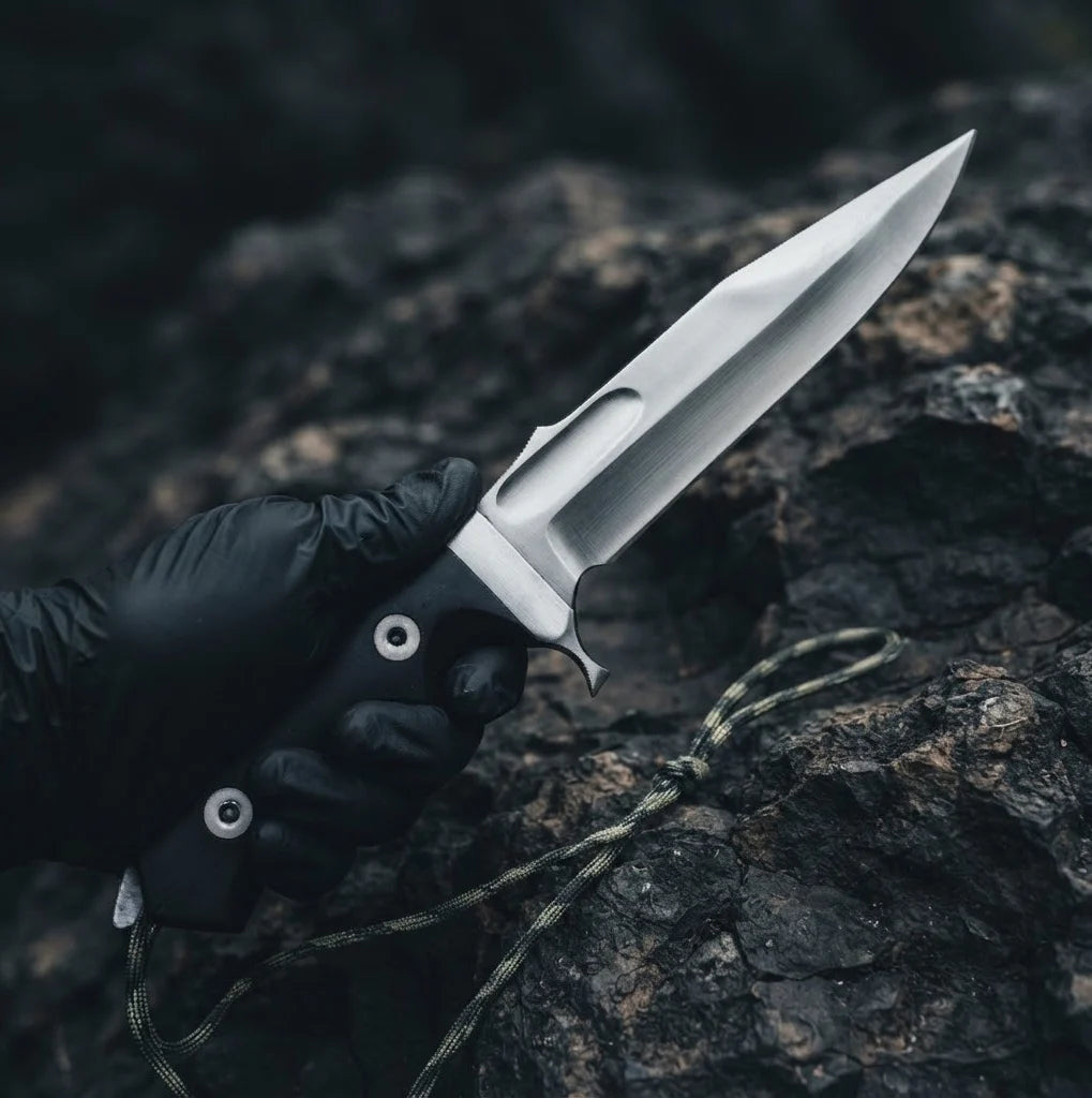 A tactical Bowie knife with a 14-inch D2 steel clip-point blade held in a gloved hand, showcasing its robust design and handle ergonomics against a dark stone background.