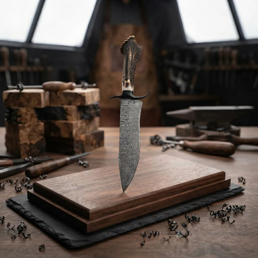 A premium handmade Damascus steel blade with a unique stag horn handle, displayed standing upright on a wooden base in a professional forge workshop.