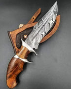 A premium handmade Damascus steel blade featuring a unique twist pattern and polished wood handle with a leather sheath.