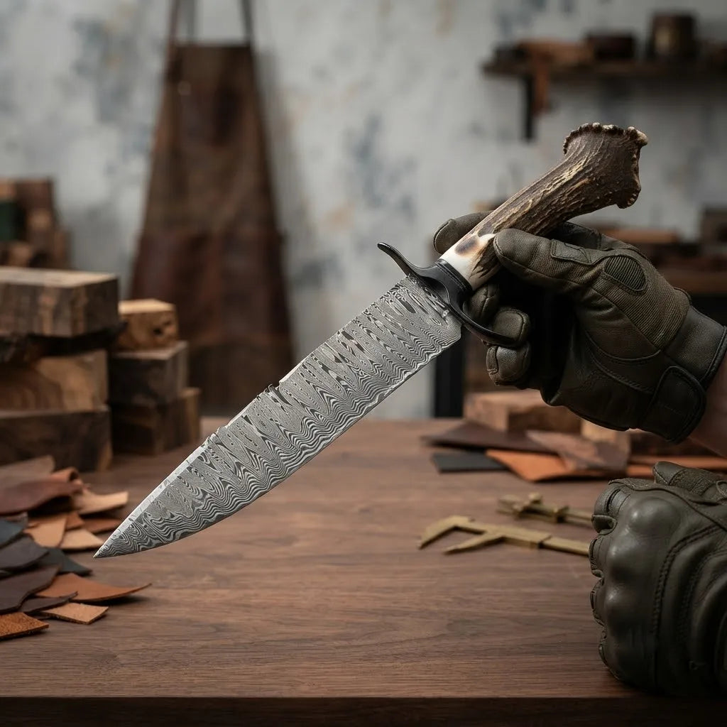 A premium Damascus steel hunting knife with a detailed stag horn antler handle, held by a gloved hand in a professional workshop.