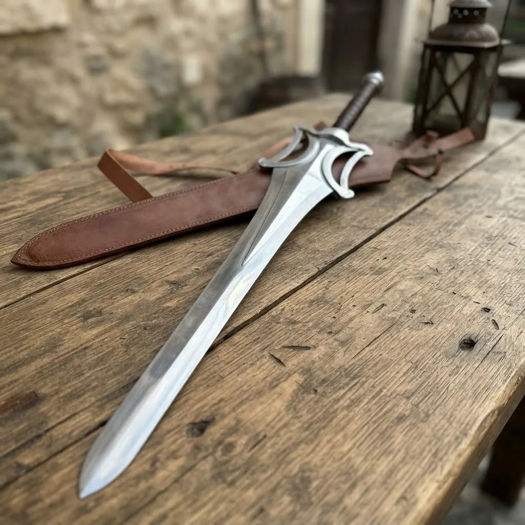 A premium custom fantasy short sword with an intricate metal guard, displayed on a rustic wooden table alongside its leather scabbard and a vintage lantern.