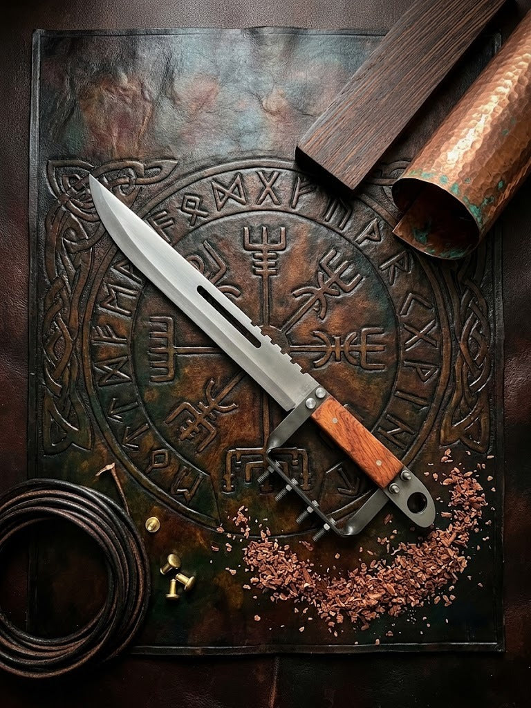 A custom hand-forged tactical dagger with a high-quality steel blade and wood handle, artfully displayed on a leather mat featuring an engraved Viking Vegvisir rune symbol.