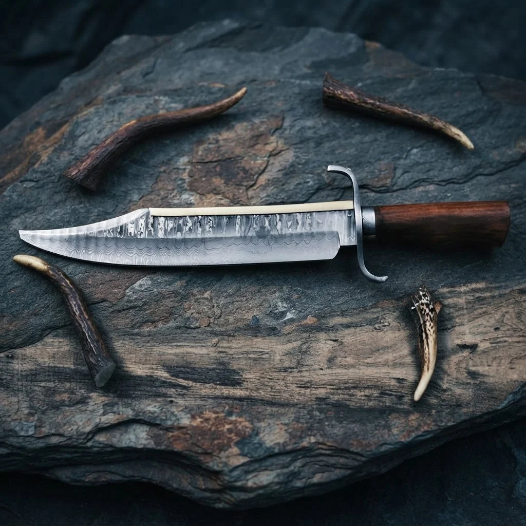 A professional handmade Damascus Bowie knife featuring a VG10 steel blade and Rosewood handle, artistically displayed with natural deer antler accents on a dark stone surface.