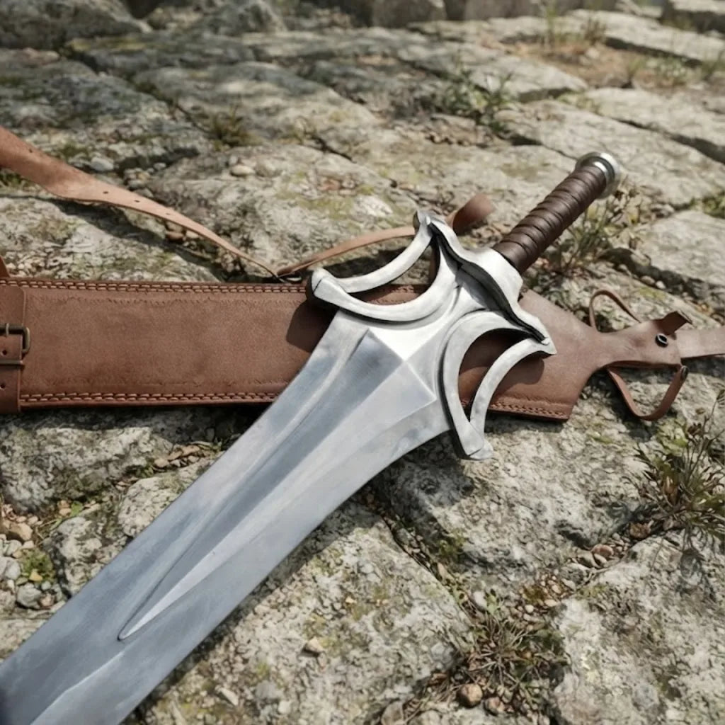 A premium custom fantasy short sword with an intricate metal guard and brown leather handle, displayed on a rocky outdoor surface with a matching leather scabbard.