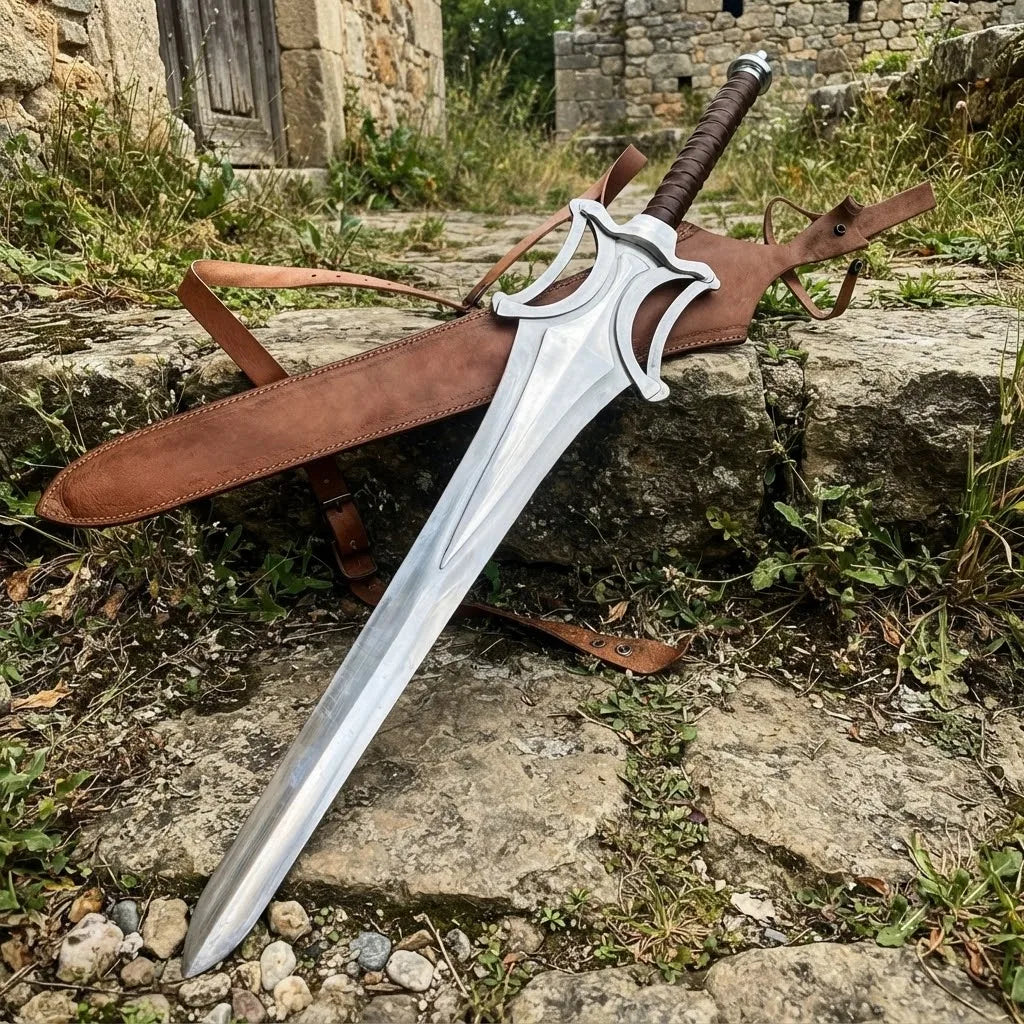 A premium custom fantasy short sword with an intricate metal guard and brown leather handle, displayed on a rocky outdoor path with a matching leather scabbard.
