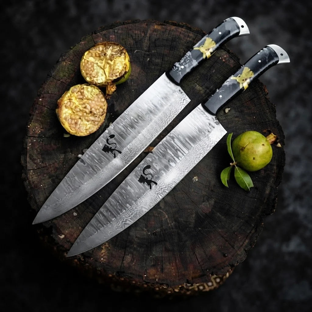 Damascus Chef Knife Set, 2-Piece Damascus Kitchen Knife Set, 9 Inch Stainless Damascus Blades, Blue Resin Handles, Full Tang
