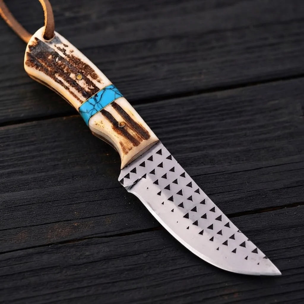 Handmade D2 Steel Cowboy Knife | 5mm Blade, Antler Handle with Turquoise Inlay - Christmas Gift for Men
