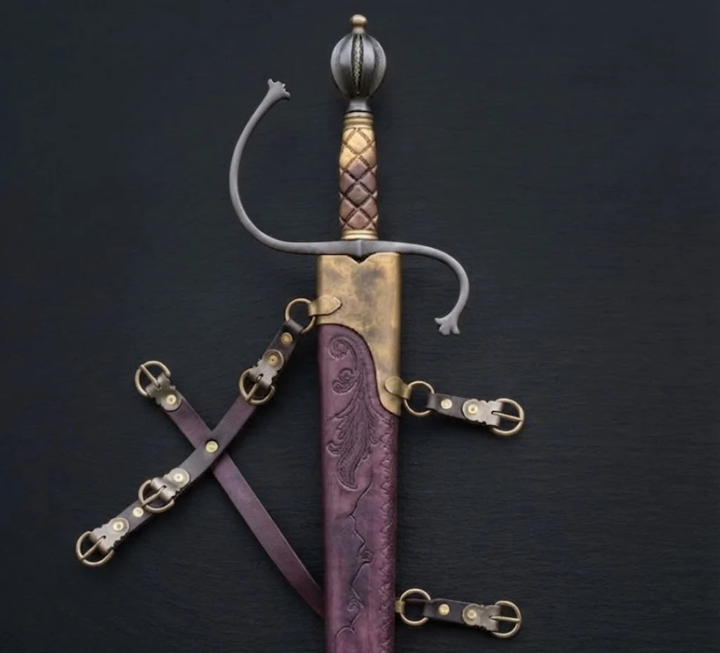 Hand Forged European Sword – Damascus Steel Engraved Scabbard, Medieval Collector’s Blade
