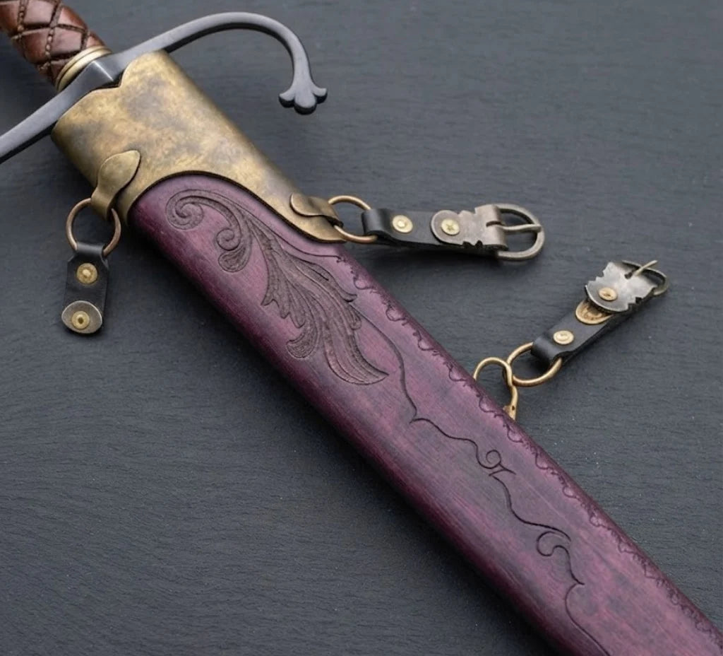 Hand Forged European Sword – Damascus Steel Engraved Scabbard, Medieval Collector’s Blade