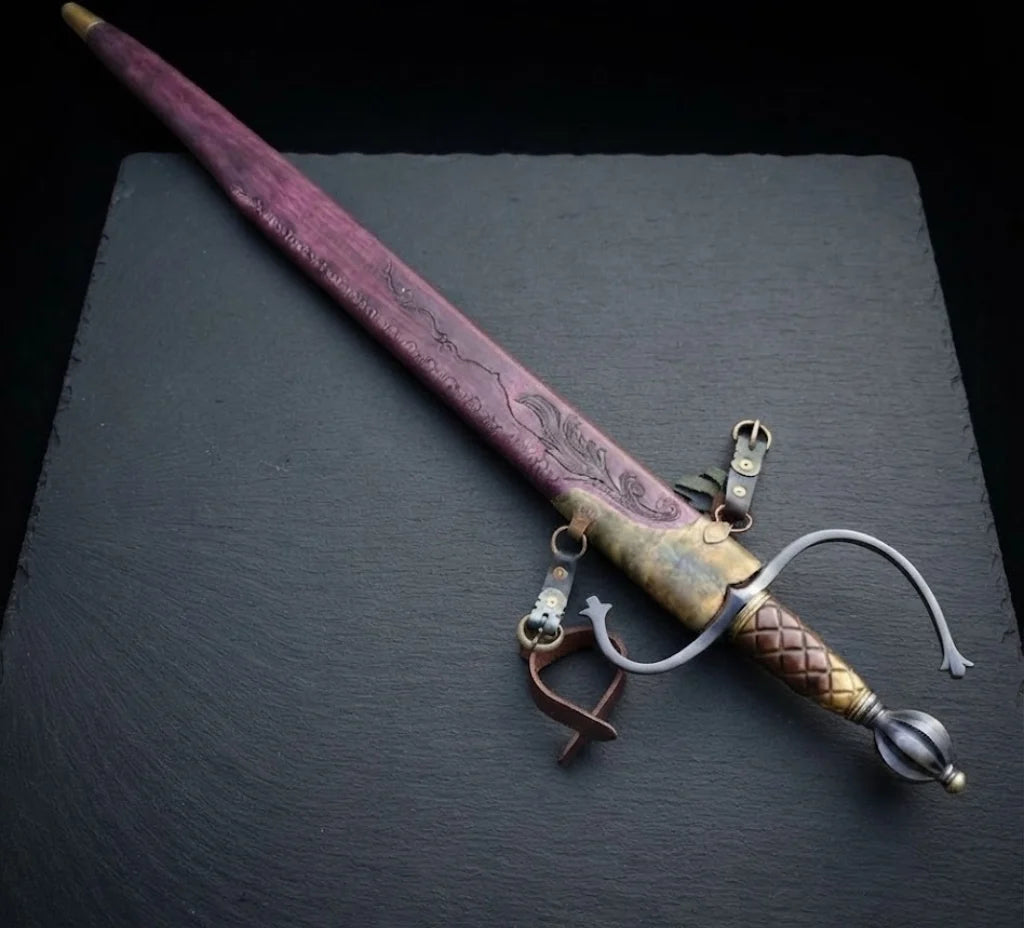 Hand Forged European Sword – Damascus Steel Engraved Scabbard, Medieval Collector’s Blade